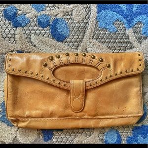 Hobo Leather Fold Over Clutch Purse Tan Brown